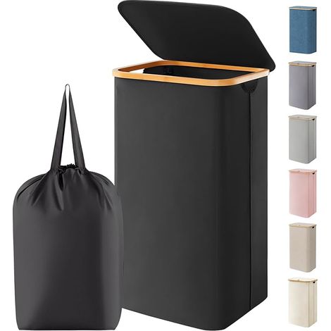 Laundry Basket with Lid, Large Foldable Bamboo Inner Bag, for Bedroom, Bathroom, Room, Black (1/5)