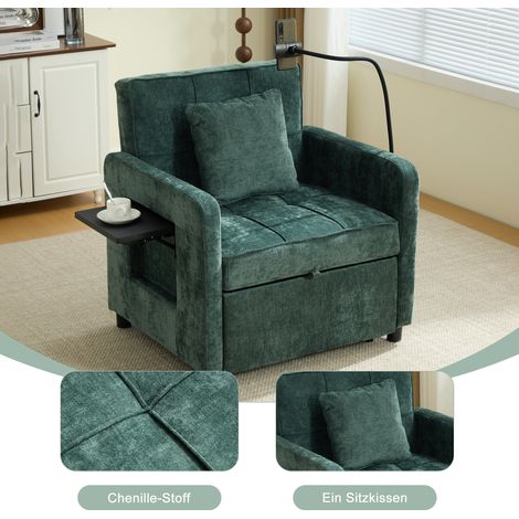 Fauteuil convertible 2-en-1 canapé-lit 1 place avec coussins, poches latérales, petite table & sac de rangement – chenille verte (1/4)