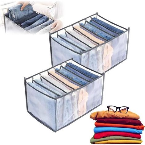 2 boîtes de rangement pour jeans, compartiments en maille, 7 séparations, 36 x 25 x 20 cm, pour tiroirs et armoires (1/4)