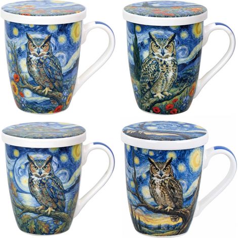 Set de 4 tazas de té con filtro de porcelana búho azul