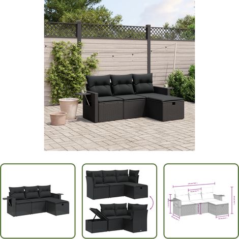 Gartenmöbel -  4-tlg. Garten-Sofagarnitur mit Kissen Schwarz Poly Rattan (1/5)