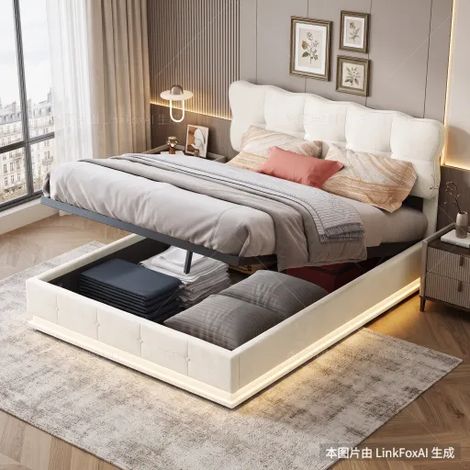 Superaly Lit Hydraulique 160x200cm, Tête de Lit Rembourrée en Velours Ondulé, Lit Double avec Rangement sous le lit, Éclairage LED Intégré, Lit Adulte de Style Minimaliste, Sommier à Lattes, Beige (1/5)