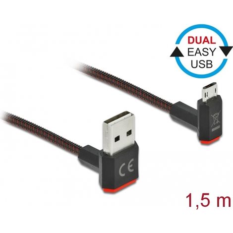 Delock Cable EASY-USB 2.0 Tipo-A macho a EASY-USB Tipo Micro-B macho, sesgado hacia la arriba y hacia abajo, de 1,5 m y negro