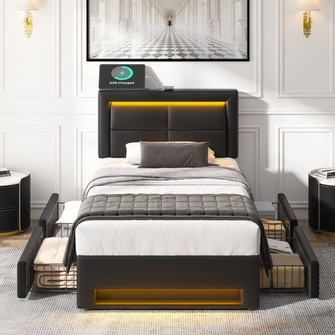 Cama tapizada 90x190 cm en PU negro, USB, LED, 4 cajones, sin colchón - CHICFURN (1/5)