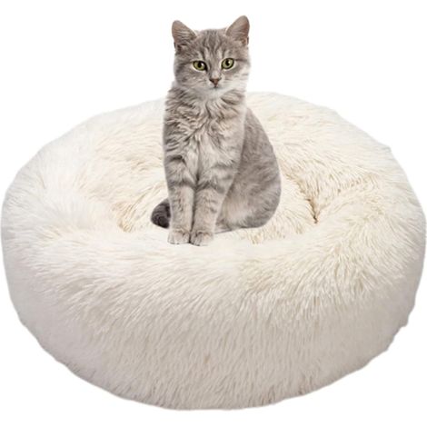 Panier Chien Chat - Lit Donut Rond Anti-Stress avec Bords Surélevés - Coussin Moelleux Lavable pour Animal de Compagnie Petit à Moyen - Blanc