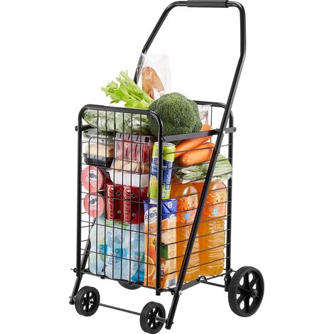 Chariot de courses pliable avec roulettes pivotantes, chariot de supermarché robuste, charge 40,8 kg, capacité 39 L, panier à linge utilitaire en fer pour camping, épicerie, bagages, noir (1/5)
