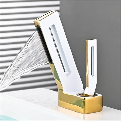 Robinets pour évier de cuisine, robinets de salle de bain en laiton gris, robinet de lavabo de salle de bain, mitigeur cascade chaude et froide, support de tête de lit(blanc et or) (1/5)