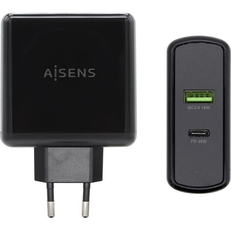 Ladegerät Usb-c Pd3.0 30w Usb-a Qc3.0 18w Schwarz Aisens Asch-2pd30qc-bk (1/2)