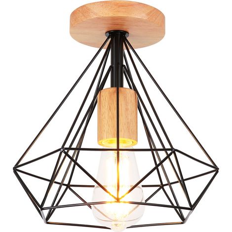 – Plafonnier industriel E27 25cm en métal et bois noir – Douille E27 compatible – Ampoule 40-60W – Installation facile pour salon et cuisine (1/5)