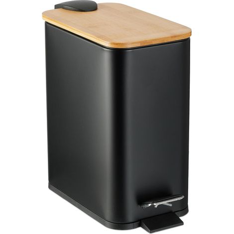 Poubelle de salle de bain, 5 litres, métallique, seau intérieur amovible, couvercle en bambou, noire (1/5)