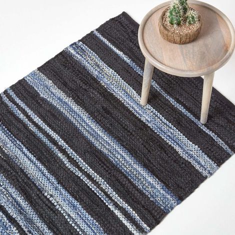 HOMESCAPES Texas Leather & Denim Woven Striped Blue Rug, 90 x 150 cm