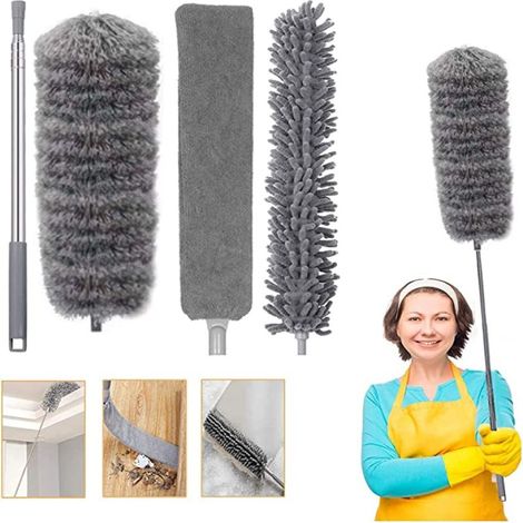 Kit de plumero de microfibra, mango telescópico de 2,5 m, 3 cabezales reemplazables (gris, chenilla, cepillo para cama).