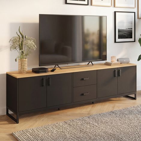 Mueble TV WASHINGTON 180 cm con 4 puertas y 2 cajones negros y de madera (1/5)