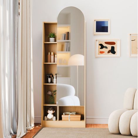Hochschrank 60x28x165 cm Natur in MDF mit Spiegeltür, verstellbaren Ablagen und offenem Stauraum (1/5)