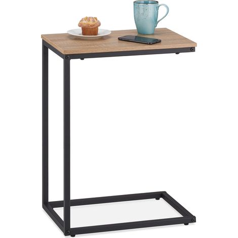 Relaxdays C-Shaped Side Table, HWD: 60 x 30 x 45 cm, Laptop Desk, Metal Frame, Living Room Coffee Table, Black/Brown