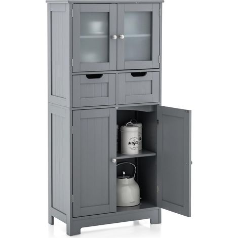 Goplus – Meuble de rangement salle de bain 60x30x128cm – 2 tiroirs – armoire avec porte en verre trempé – étagère ajustable – MDF résistant à l'humidité (1/5)