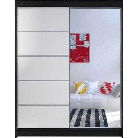 Armario Closico Vastor III, Negro + Blanco, 200x150x58cm, Puertas de armario: Correderas, Número de estantes: 5, LED