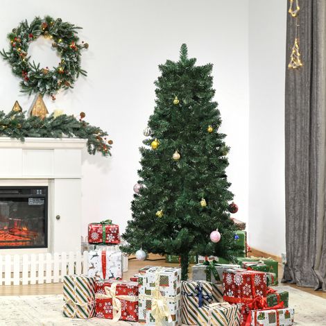 Árbol de Navidad Artificial 150 cm Ignífugo con 454 Ramas con 2 Tipos de Puntas de PVC Base Plegable y Soporte de Acero Decoración Navideña de Interior Verde (1/5)
