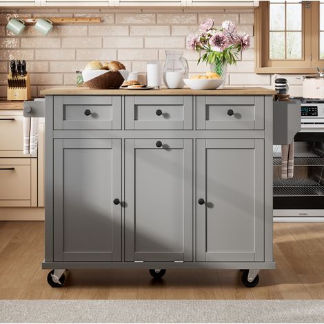 Isla de cocina 112x46.2x92.7 cm gris y natural en MDF con ruedas, tablero extensible y compartimento para cubo