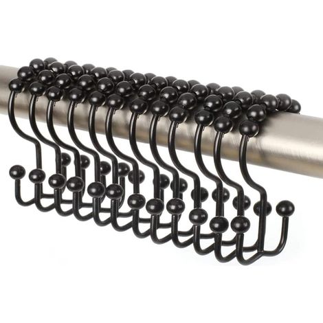 Crochets de rideau de douche en acier inoxydable, crochets doubles, 12 pièces, noir (1/5)