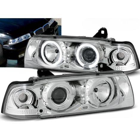 Paire de feux phares BMW serie 3 E36 berline de 1990 a 1999 angel eyes chrome-27361131 (1/2)