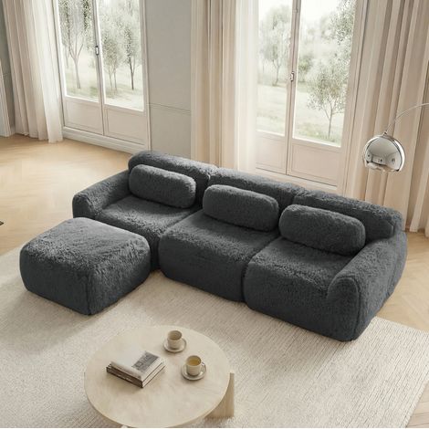 Divano modulare angolare grigio in tessuto peluche senza montaggio con cuscini (1/5)