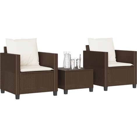 3-tlg. Bistro-Set mit Kissen Braun Poly Rattan