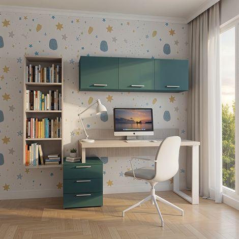 Angolo libreria design con cubotti e cassettiera - Soluzione moderna e salvaspazio - Rovere rock e verde petrolio