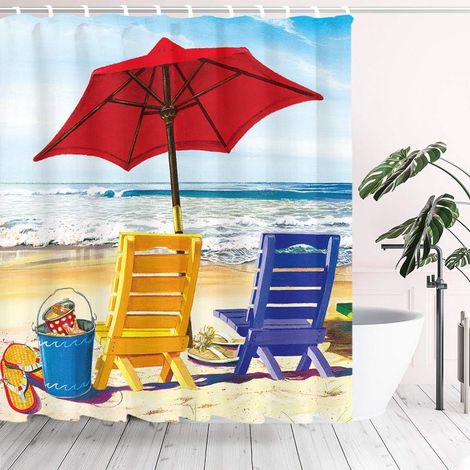 Rideau de salle de bain style fauteuil de bord de mer, en polyester imperméable, avec 12 crochets, 183 x 183 cm (1/4)