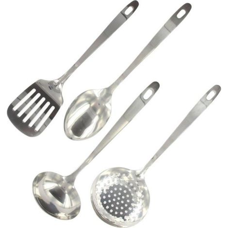 Ensemble de 4 ustensiles de cuisine, acier inoxydable, louche, écumoire, spatule, cuillère de service, pour préparation repas. (1/3)