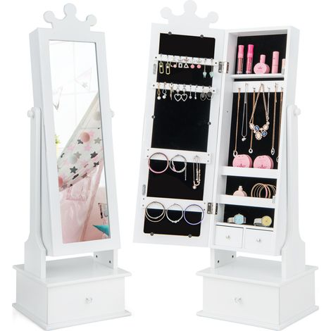 Armoire à bijoux enfant blanche avec miroir pleine longueur, tiroirs et fixation anti-basculement pour chambre et dressing (1/5)