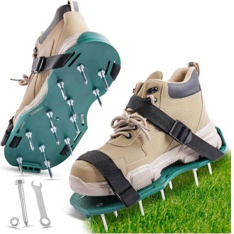 Sandales Aérateur Pelouse, 1 paire 42mm Aérateur de Pelouse avec 26 Clous et Clé, Chaussure à Gazon Ajustable, Amélioration de la qualité du Sol, pour Aerateur Gazon (Vert)