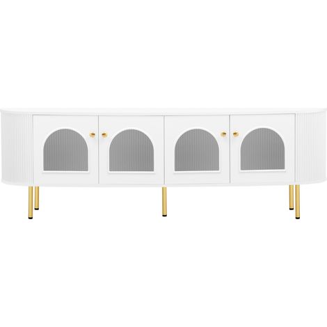 Meuble TV Modenuit avec portes vitrées, rangements pratiques, pieds et poignées dorés, blanc et or (1/5)