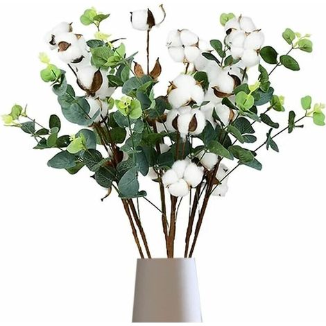 Brindille de coton 6 pièces , Brindille de coton séchée Blanc Décoration en coton pour vases, bouquet séché, comme décoration de mariage ou décoration de table, Fleurs séchées Coton