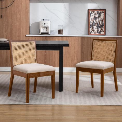 2er Set Esszimmerstühle Leinen mit Rattan Rückenlehne, Vintage Holzstühle Braun (1/5)