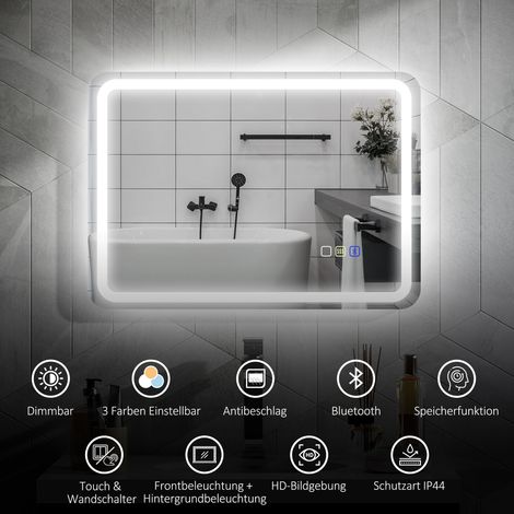 Miroir mural salle de bain lumineux LED, anti-buée, 3 températures de couleur réglables, finition argent, 60x80 cm (1/4)