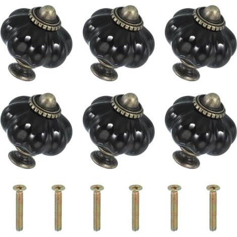 Six boutons en céramique noire, de 3,3 x 3,3 x 3,8 cm chacun, avec vis. Boutons et poignées de tiroir en céramique en forme de citrouille. (1/5)