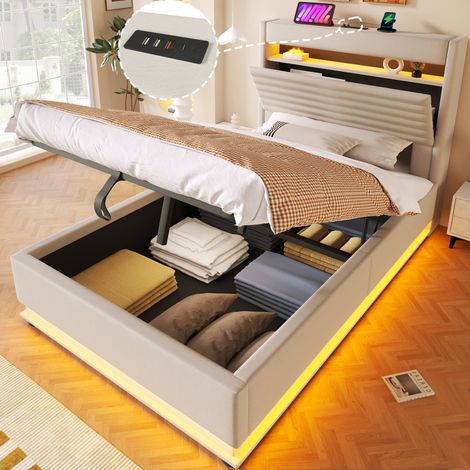 letto contenitore 90x200 USB LED idraulico beige HAVRYA (1/5)