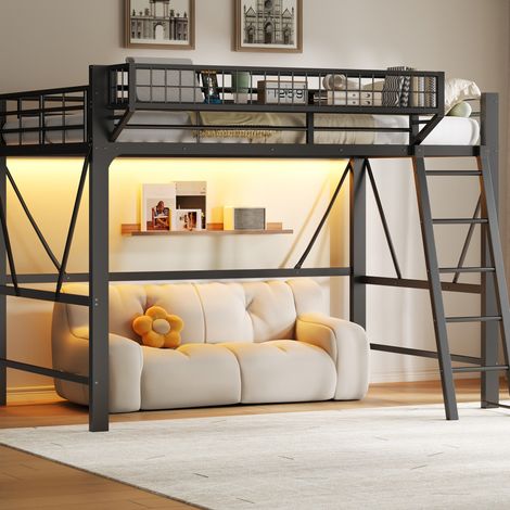 Cama alta de 140x200 cm con iluminación LED y cesta de almacenamiento, estructura estable para dormitorio, metal negro. (1/5)