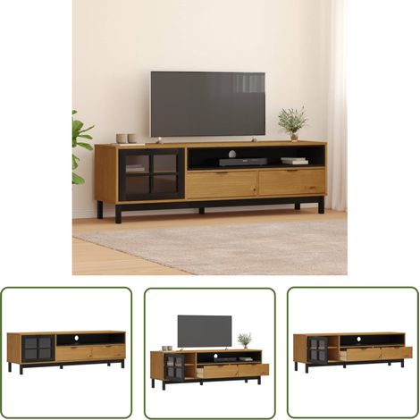 The Living Store Meuble TV avec porte vitrée FLAM 158x40x50cm bois massif de pin - Meuble Tv - Meuble Televison - Buffet Tv - Console Tv - Rangement Tv