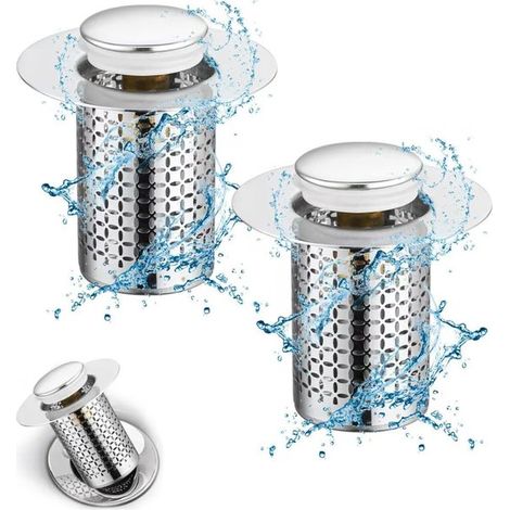 2 tapones universales emergentes para lavabo con colador antiatascos - Tapón de desagüe de acero inoxidable para cocina y baño (1/5)