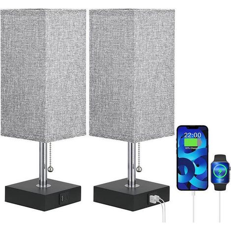 Lot de 2 lampes de chevet, 3 modes de couleur, avec ports de charge USB-A+C, interrupteur à tirette pour ampoule LED, lampe de table pour chambre (1/5)