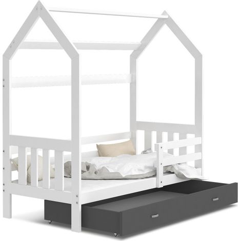 Lit cabane Plus 80 x160 cm avec sommier , matelas et tiroir Blanc - Gris foncé (1/3)