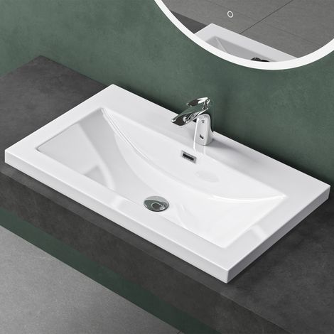 Mai & Mai Lavabo à encastrer blanc 76,5cm vasque lave mains rectangulaire en résine lavabo avec trop-plein Col01 76,5x48x13cm