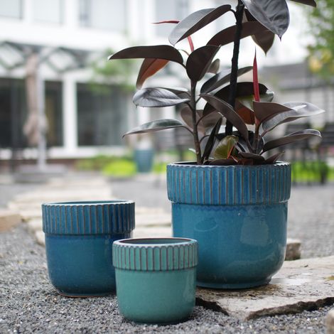 Set di vasi da fiori in ceramica fatti a mano 3 pezzi (Ø 38/30,5/23 cm), Blu turchese lucido con striscia a scanalature verticali sul bordo, traspirante, resistente al gelo, con fori di drenaggio per (1/5)
