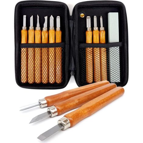 Set Outils Sculpture Bois - 12 Pièces Chisel Gouge Racloir V-Cut - Poignées Hêtre - Pointe Acier Trempé - Pour Basswood Bois Tendre Débutants (1/5)