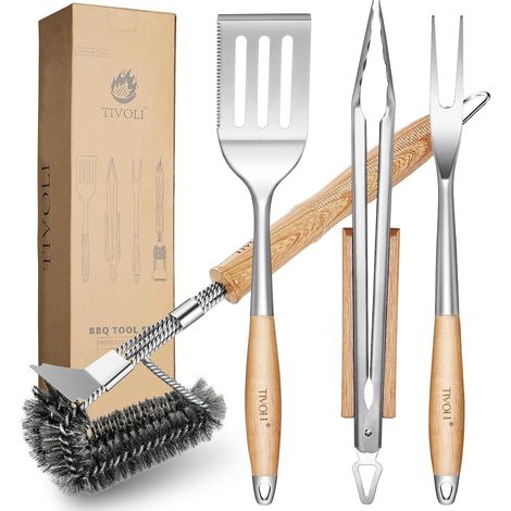 Set ustensiles Barbecue INOX 4 pièces Pince, spatule, brosse et fourchette avec poignées bois pour grillades et pique-niques. (1/5)