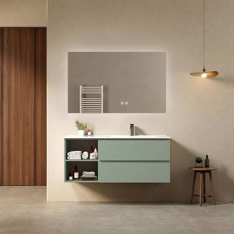 Mobile bagno sospeso 120 cm Verde Salvia Lavabo a Destra in Ceramica Specchio Quadro Retroilluminato - Fiji Paint Plus (1/4)