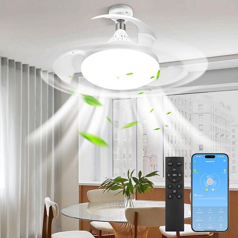 Ventilateur de plafond LED, avec télécommande et contrôle par app, 4 vitesses de ventilation,E27,ventilateur de plafond 48W,blanc (1/5)