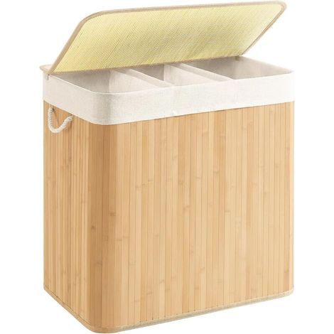 Cesto per la biancheria da 150L, cesta per la biancheria sporca con 3 scomparti per la separazione, coperchio in bambù, maniglie, pieghevole, sacco rimovibile lavabile in lavatrice, per lavanderia, ca (1/4)